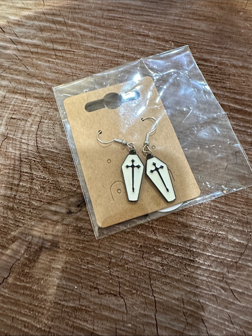 Coffin Cross Dangle Earrings - White